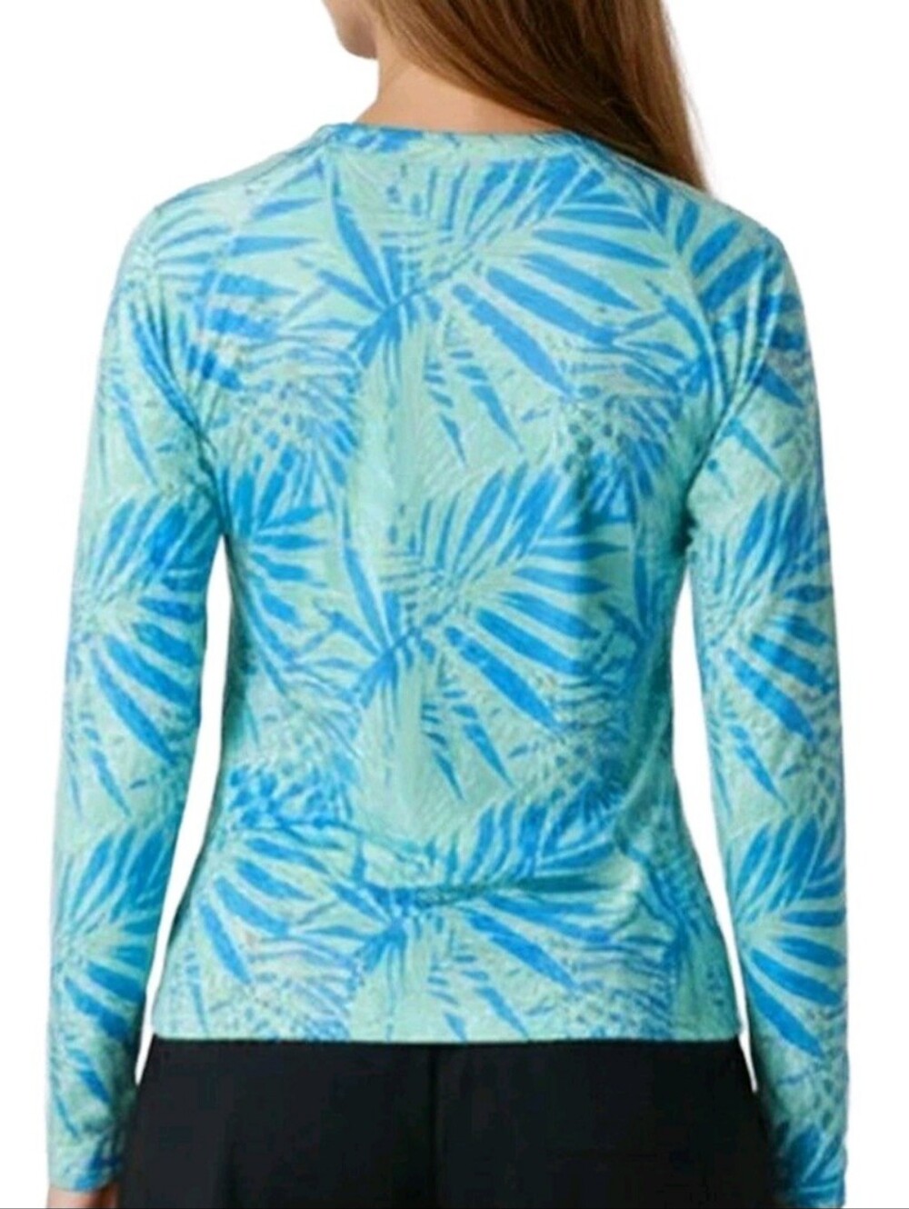 UV SPF 50 Women’s Performance Blue Palm-Print Long Sleeve Shirt Moisture Wicking - Picture 3 of 5